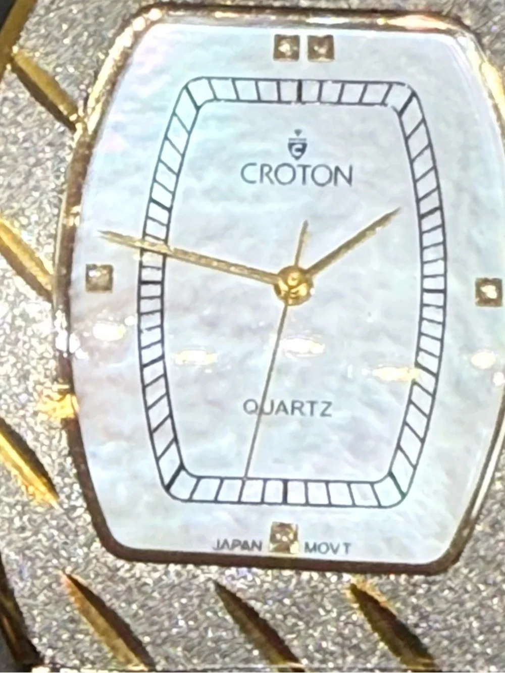 Croton Two-Tone Gold and Silver Rectangular Mother-of-Pearl CZ Diamonds Watch